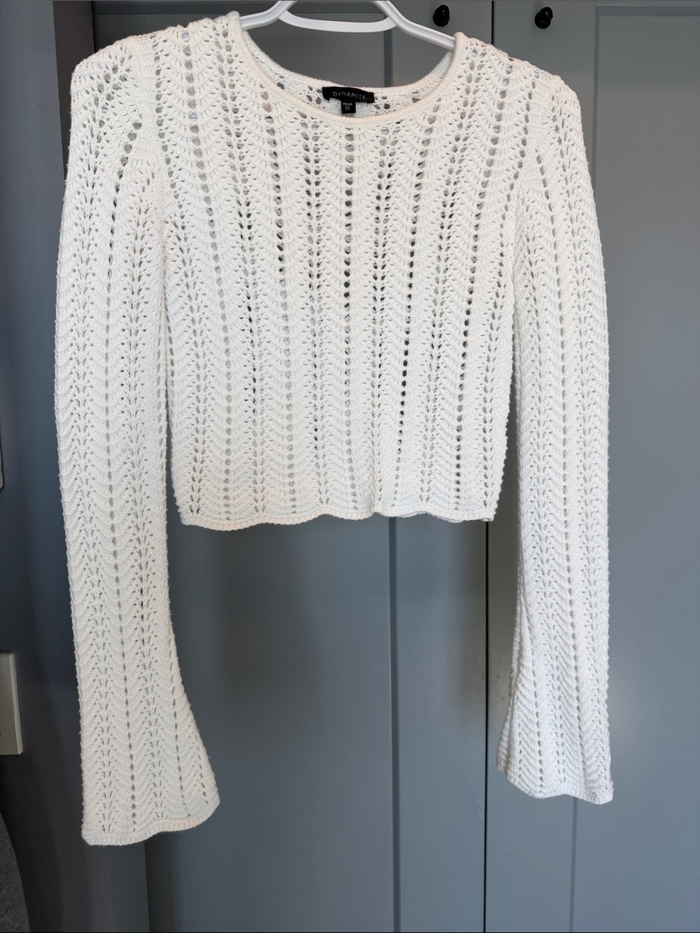 Dynamite White Open-Stitch Cropped Crew Sweater